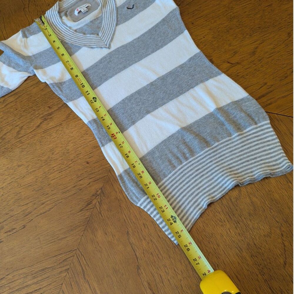 Y2K Grey White Striped V-Neck Short Sleeve Summer Sweater Size Small - Picture 5 of 6